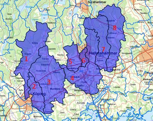 Figur 2. De åtta avrinningsområdena längs aktuell vägsträcka. (Länsstyrelsen, 2016) SMHIs åtta delavrinningsområden kan ses i Figur 2 ovan och heter: 1. Vid mätstation Odensvibron 2 2.