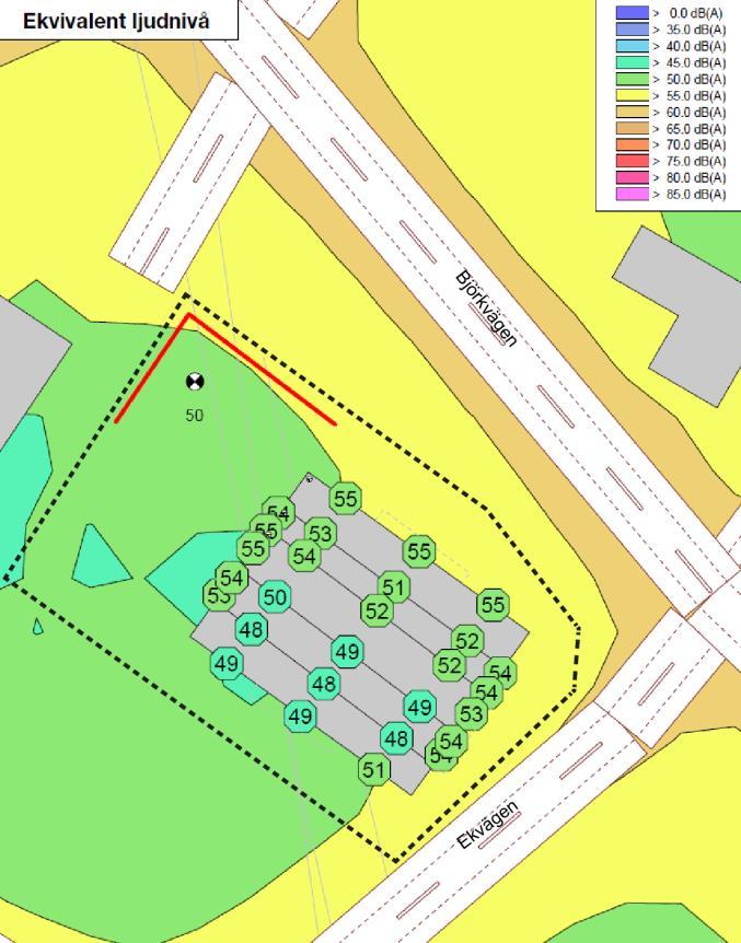 BOTKYRKA KOMMUN Planenheten PLANBESKRIVNING 2017-06-30 13 [20] 2015:229 Bild 5: en ekvivalenta bullernivån efter bullerplank (röd linje) finns (källa: bullerutredningen från ACA).