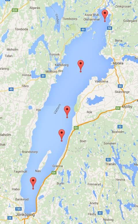 Vättern 2015 St. Aspön Provtagningen ägde rum under 11e och 12e augusti. Jungfrun NV 5 platser utspridda längst Vättern.