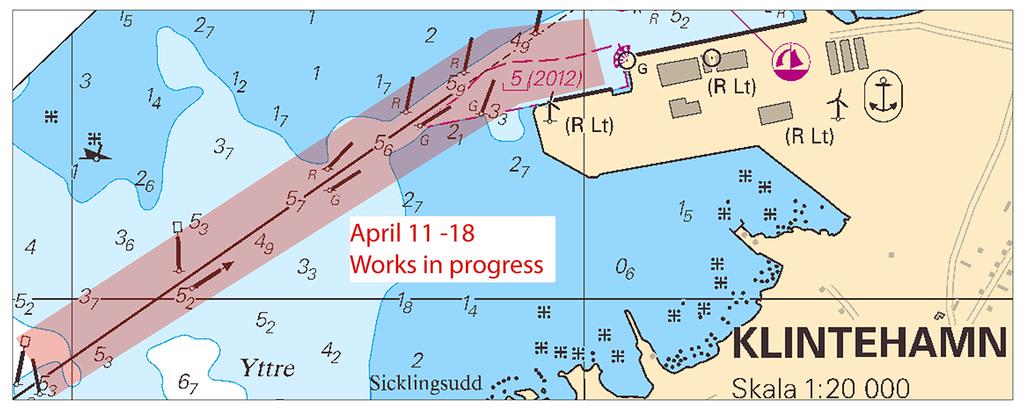 Klintehamn. Arbetet bedrivs från en arbetsplattform assisterad av en bogserbåt. Borrplattformen kan nås på VHF Ch 16. BSP Ostkusten 2015/s64 Smågö - Värsö - Björkö Tekniska verken Linköping Nät AB.