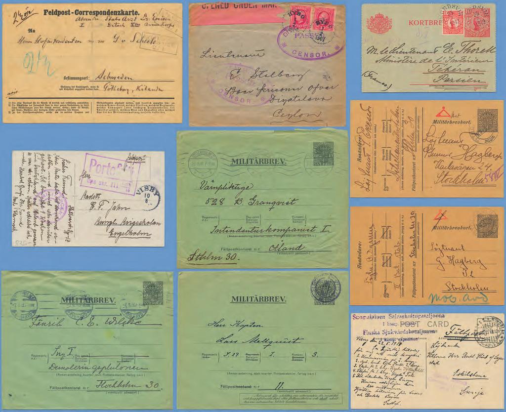000 175 52 5 öre på bruksanvänt vykort från 1902 års fälttjänstövning dat Nerike st FÄLTPOST- KONTORET 3 23.9.02. 500 176 54 10 öre i par på brev till löjtnant Erik Stålberg vid interneringslägret i Diyatalawa på Ceylon, st HYBO 1.