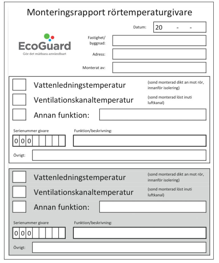 REGISTRERING 1. Fyll i monteringsblanketten med givarens och mätarens serienummer, placeringsadress, beskrivning och monteringsdatum. Skriv också upp mätarställningen i MWh på integreringsverket.