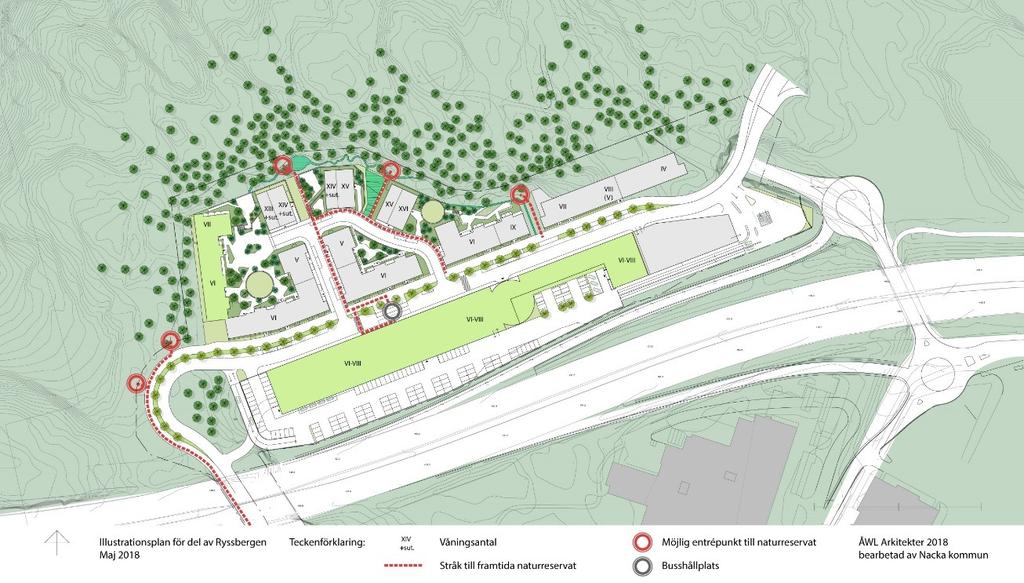 Planbeskrivning Del av Ryssbergen 13 (50) Situationsplan som redovisar föreslagen bebyggelse, ÅWL Arkitekter 2018 bearbetad av Nacka