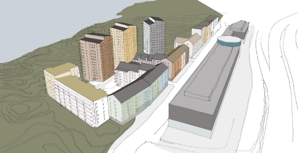 Illustration som redovisar föreslagen bebyggelse, med bostadskvarteren till vänster i bild, huvudgatan och verksamhetsbyggnaden i mitten