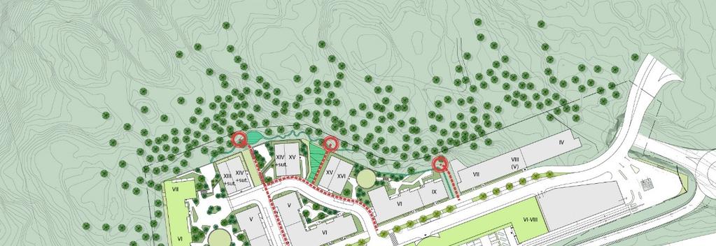 Planbeskrivning Del av Ryssbergen 24 (50) Karta som visar gångvägar från huvudgatan och från busshållplatsen till skogsområdet som omger detaljplaneområdet.