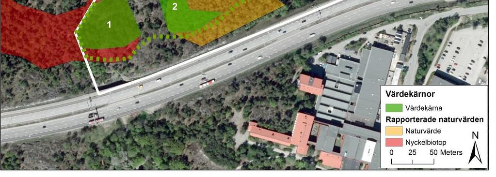 Planförslaget bedöms innebära negativa konsekvenser för hela värdekärnan för biologisk mångfald genom att stora delar ianspråktas för detaljplanen, cirka 5 hektar.