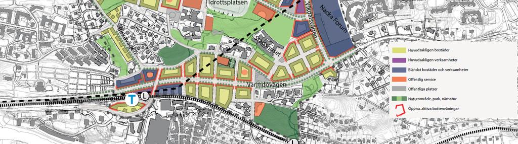 Området kan angöras både från Kvarnholmsförbindelsen och från Birkavägens förlängning. Markanvändningskarta från program för centrala Nacka från år 2015.