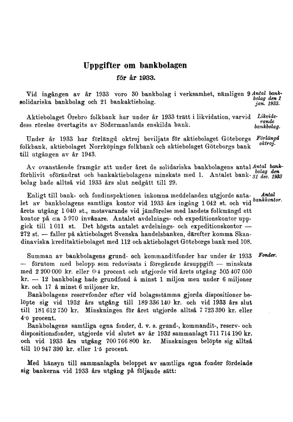 Uppgifter om bankbolagen för år 1933. Vid ingången av år 1933 voro 30 bankbolag i verksamhet, nämligen 9 solidariska bankbolag och 21 bankaktiebolag.