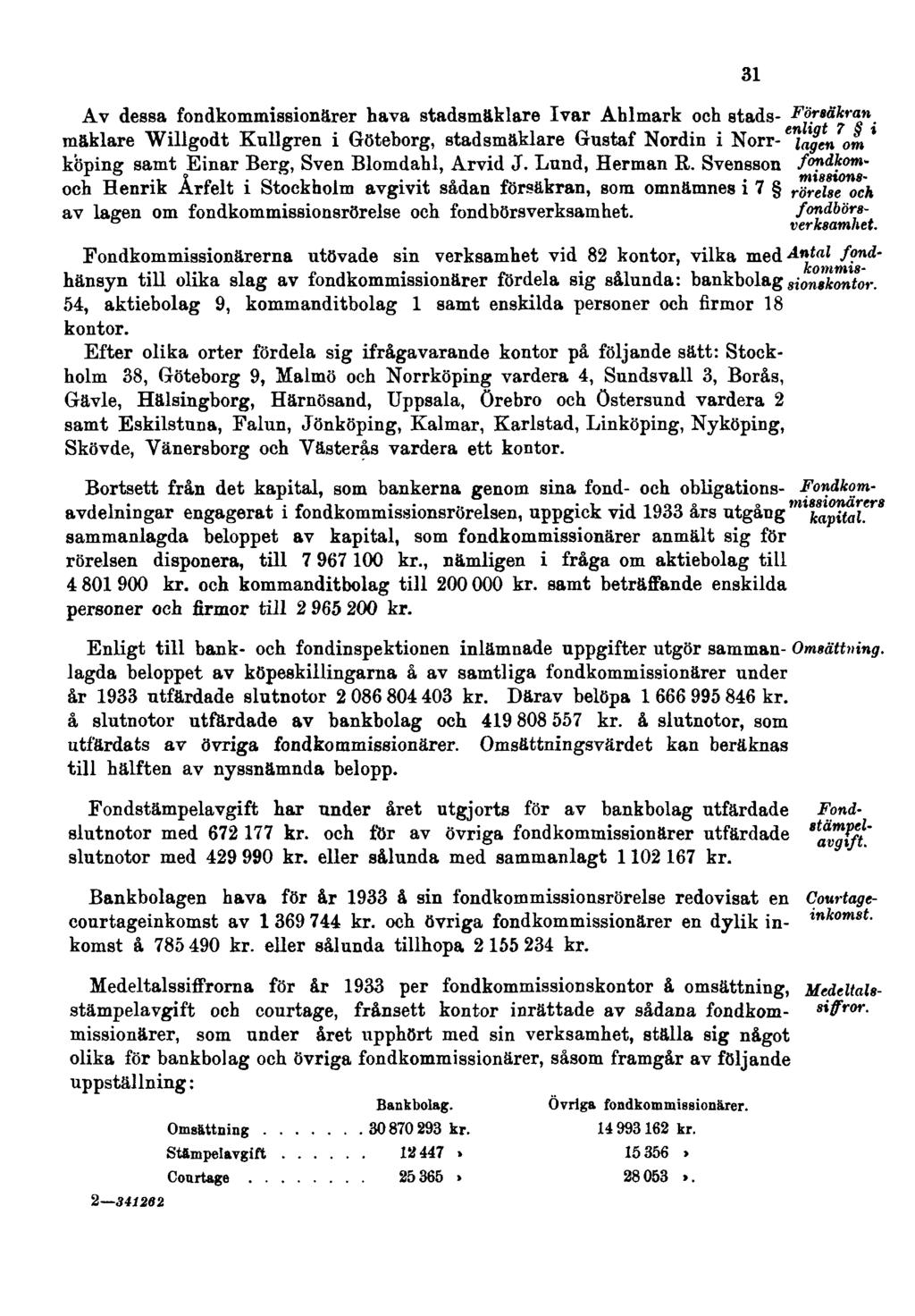 Av dessa fondkommissionärer hava stadsmäklare Ivar Ahlmark och stadsmäklare Willgodt Kullgren i Göteborg, stadsmäklare Gustaf Nordin i Norrköping samt Einar Berg, Sven Blomdahl, Arvid J.