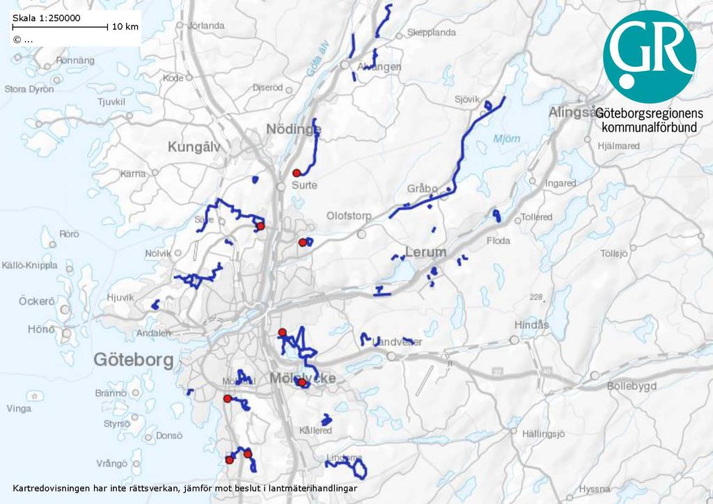 De blå linjeobjekten på kartan nedan är ridvägar i kommunerna Ale, Lerum, Mölndal, Härryda och Göteborg.