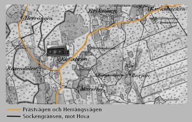 Kavelbron. Ett vägskäl, med mera. Bearbetad, häradsekonomisk karta, fältmätt 1877-82. Prästen levde som han lärde.
