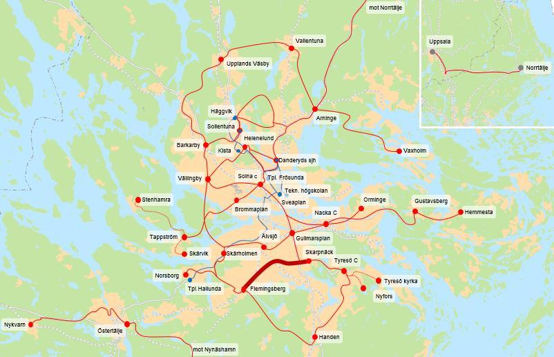 8(25) Pendeltågslinjen mot Södertälje och tunnelbanans gröna linjer i Söderort och är radiella och ger på så vis goda kopplingar till innerstaden.