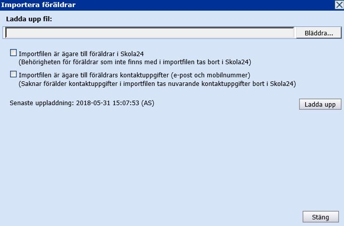 När du är inloggad följer du nedanstående steg. Klicka på Inställningar, sedan på Importera föräldrar för att öppna importdialogen.