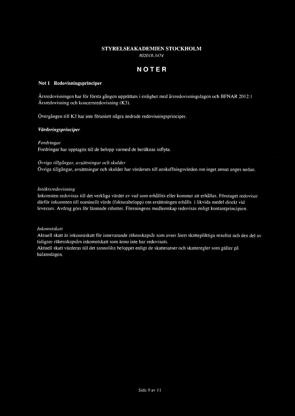Not 1 Rcdovisningsprinciper STYRELSEAKADEMIENSTOCKHOLM 8020/8-3474 NOTER Årsredovisningen har för första gången upprättals i enlighet med årsredovisningslagen och BFNAR 2012: I Årsredovisning och