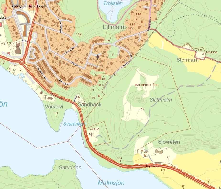 12 av 46 3 Områdets förutsättningar Planområdet är beläget strax sydost om Vårsta i Grödinge i Botkyrka kommun, öster om Malmsjön och norr om