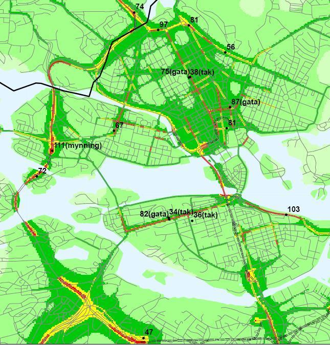 Rött markerar gator och vägar där miljökvalitetsnorm för partiklar, PM1, (enligt förordningen 21:527 om