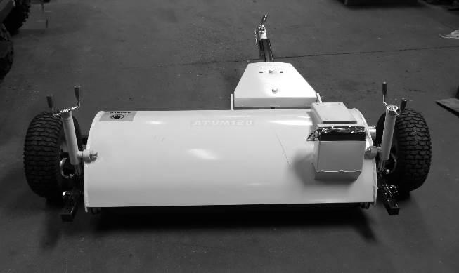 Scale Flail mower shown from the rear with the wheels fitted on the sides.