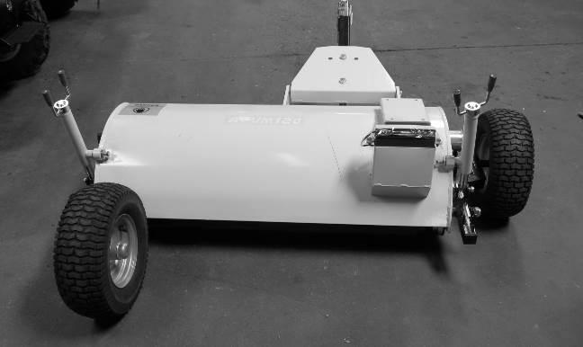 Flail mower shown from the rear with the wheels fitted at the rear.
