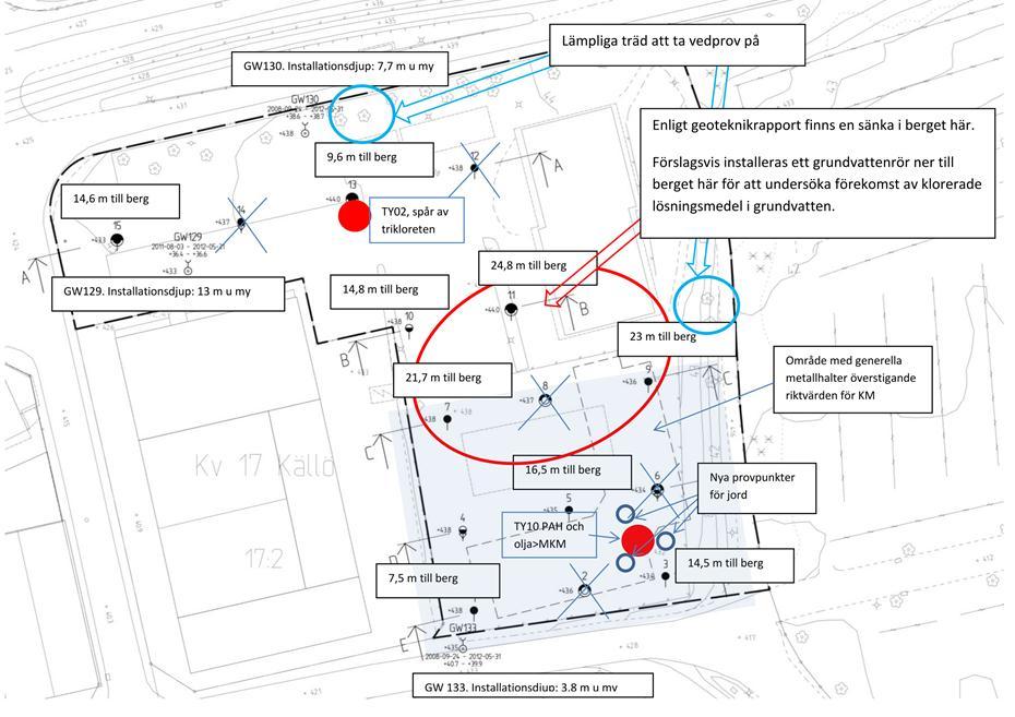 Figur 2. Undersökningsområdet inom Sandarna 725:1. Provpunktera är hämtade från den geotekniska undersökning som genomfördes i maj 2012, uppmätt avstånd till berg är förtydligat.