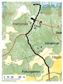 Kommun Linjesträckans längd Områdets höjd ö h Heby 1150 m 40 m Markslag inom 100 m från linjesträcka Barrskog 9%