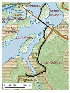 Kommun Linjesträckans längd Områdets höjd ö h Heby 1050 m 55 m Markslag inom 100 m från linjesträcka Barrskog 44%