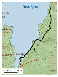 Skärsjön, Skinnskatteberg Kommun Linjesträckans längd Områdets höjd ö h Skinnskatteberg 1150 m 130 m Markslag inom 100 m