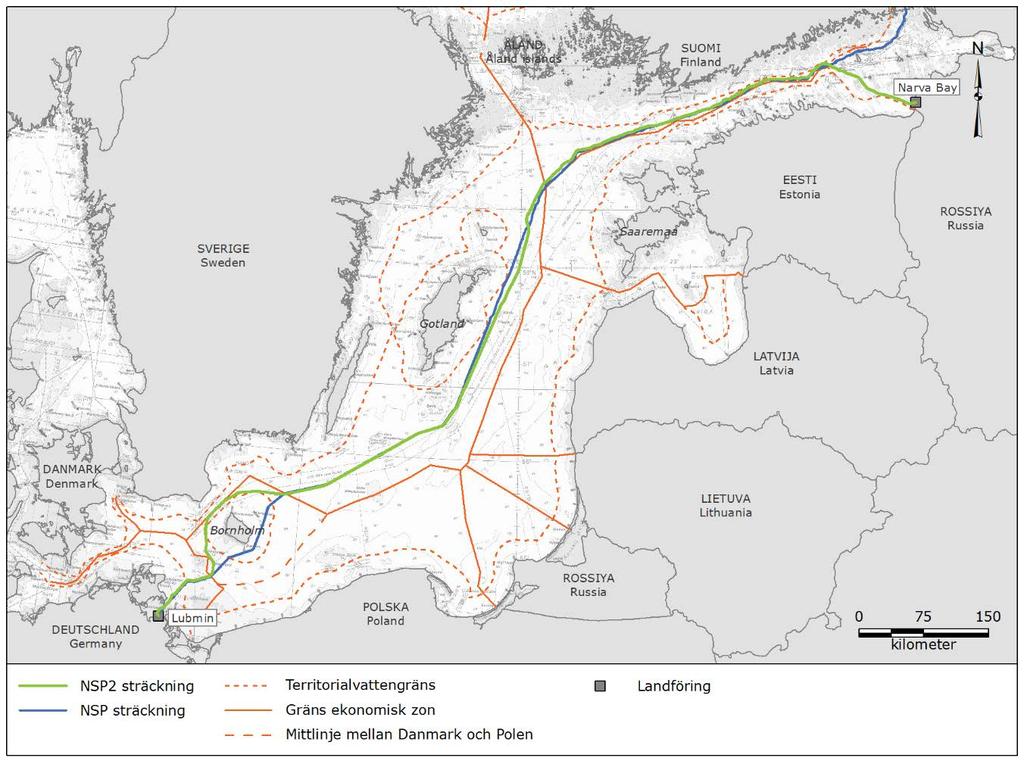 Figur 0-3 Föreslagen sträckning för NSP2 i Östersjön. I danska vatten går den föreslagna NSP2-sträckningen uteslutande i EEZ väster och norr om Bornholm.