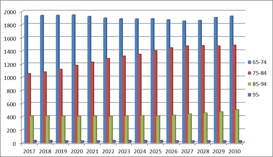 Antalet yngre pensionärer (65-79 år) ökar markant fram till år 2030.