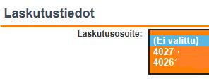 Beställning: Val av faktureringsadress och priskontroll Under Laskutustiedot (Faktureringsuppgifter) på sidan Ennakkotiedot (Förhandsuppgifter) kan du klicka på länken Valitse osoite (Välj adress )