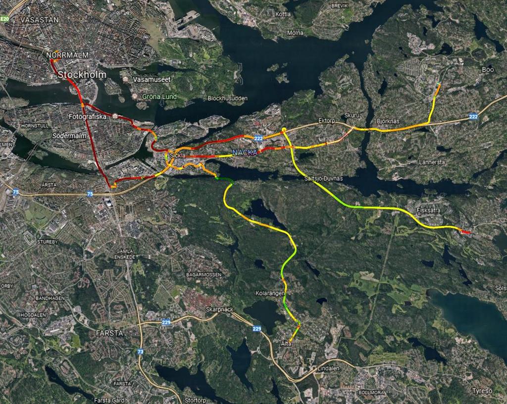 centrum (Tippens centrum). Målpunkten är Stockholm city, Norra Bantorget. Samtliga sträckor är relaterade till den tid det tar att köra samma sträcka utan någon trafik, ett så kallat basvärde.