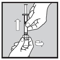Medan du fortfarande håller sprutan upprätt på det graderade området, ta bort flaskadaptorn från injektionsflaskan genom att vrida av flaskadaptorn med den andra handen.