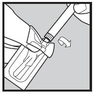 Om en stor luftbubbla eller lufthål syns nära sprutspetsen så tryck SAKTA den vita kolven in i sprutan tills vätska börjar komma in i sprutspetsen. Tryck INTE ner den vita kolven förbi dospositionen.