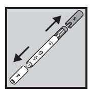 2. Ta endast bort både det grå skyddshöljet och det plommonfärgade skyddshöljet direkt före en injektion. Håll den grå delen av injektionspennan med en hand.