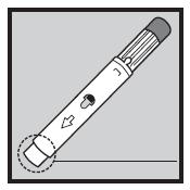 7. Lyft injektionspennan rakt upp från injektionsstället. Det vita nålskyddet åker ner ner över nålen och låser sig över nålspetsen. Försök inte att vidröra nålen.