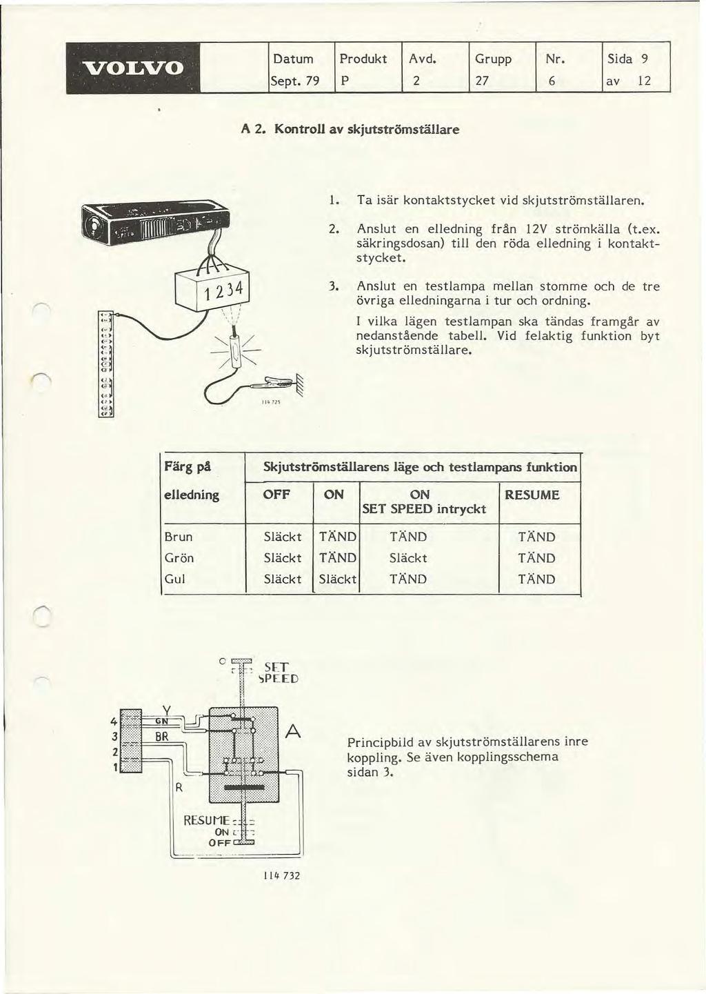 VOLVO Datum Produkt Avd. Grupp Nr. Sida 9 Sept. 79 P 2 27 6 av 12 A 2. Kontroll av skjutströmställare l. Ta isär kontaktstycket vid skjutströmställaren. 2. Anslut en elledning från 12V strömkälla (t.