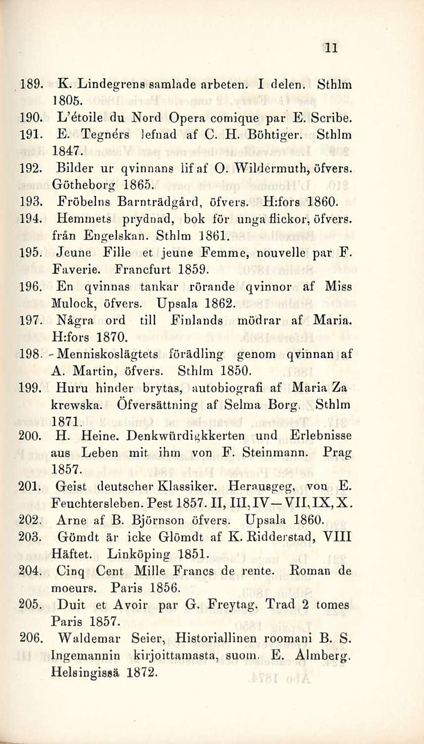 Menniskoslägtets 189. K. Lindegrens samlade arbeten. I delen. Sthlm 1805. 190. L dtoile du Nord Opera comique par E. Scribe. 191. E. Tegners lefnad af C. H. Böhtiger. Sthlm 1847. 192.