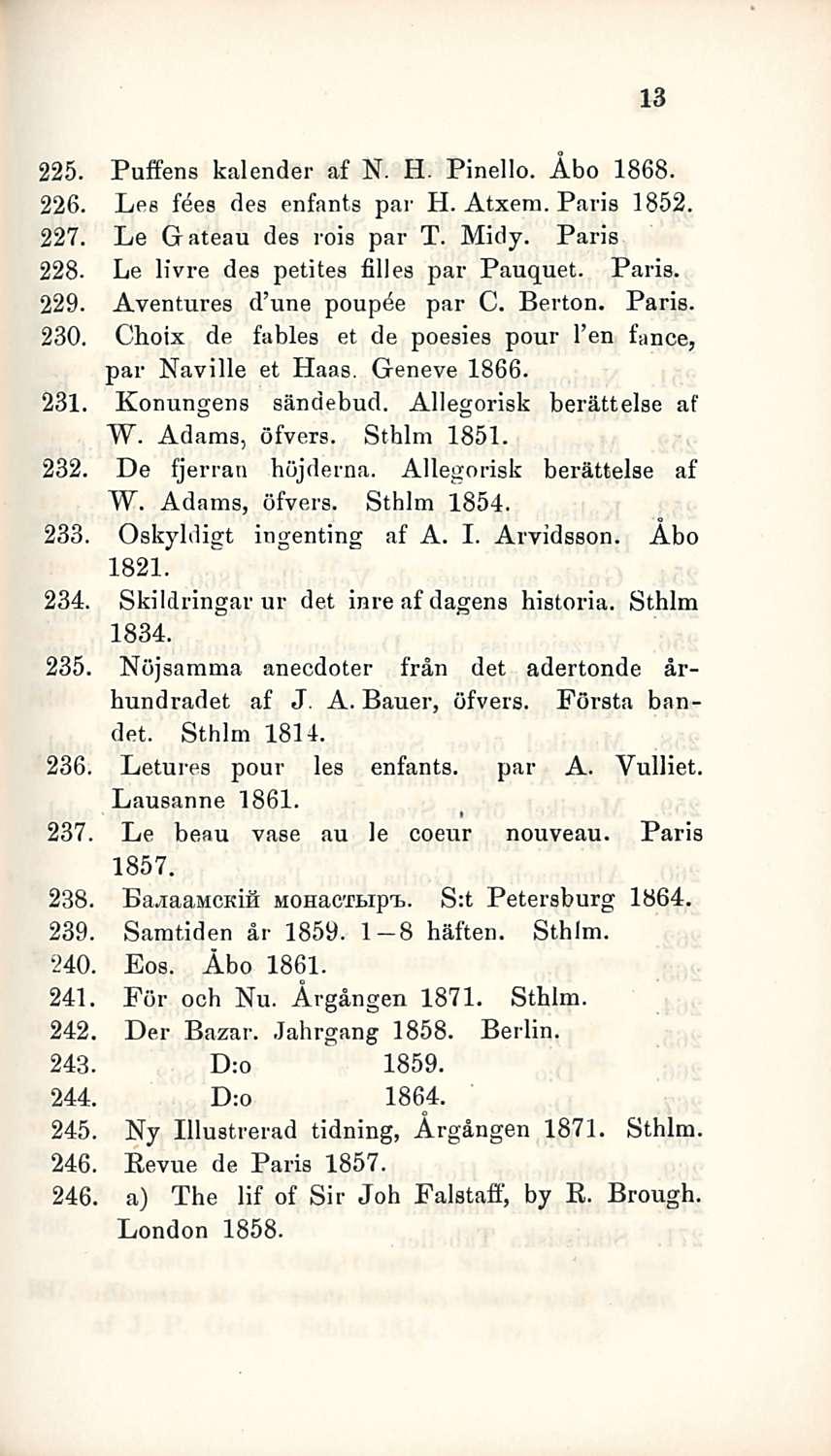 13 225. Puffens kalender af N. H. Pinello. Åbo 1868. 226. Lee fåes des enfants par H. Atxem. Paris 1852. 227. Le Gateau des rois par T. Midy. Paria 228- Le livre des petites filles par Pauquet. Paria. 229.