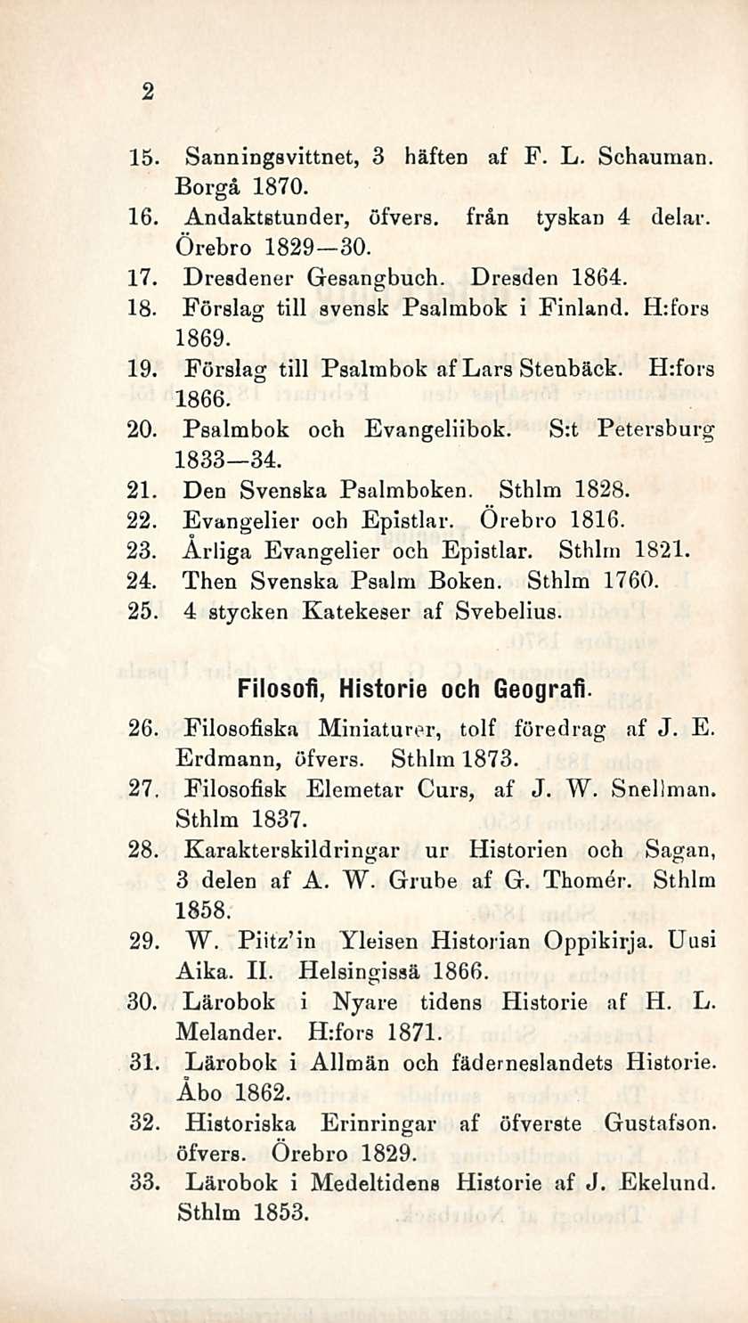 2 15. Sanningsvittnet, 3 häften af F. L. Schauman. Borgå 1870. 16. Andaktstunder, öfvers. från tyskan 4 delar. Örebro 1829 30. 17. Dresdener Gesangbuoh. Dresden 1864. 18. Förslag tili svensk Psalmbok i Finland.