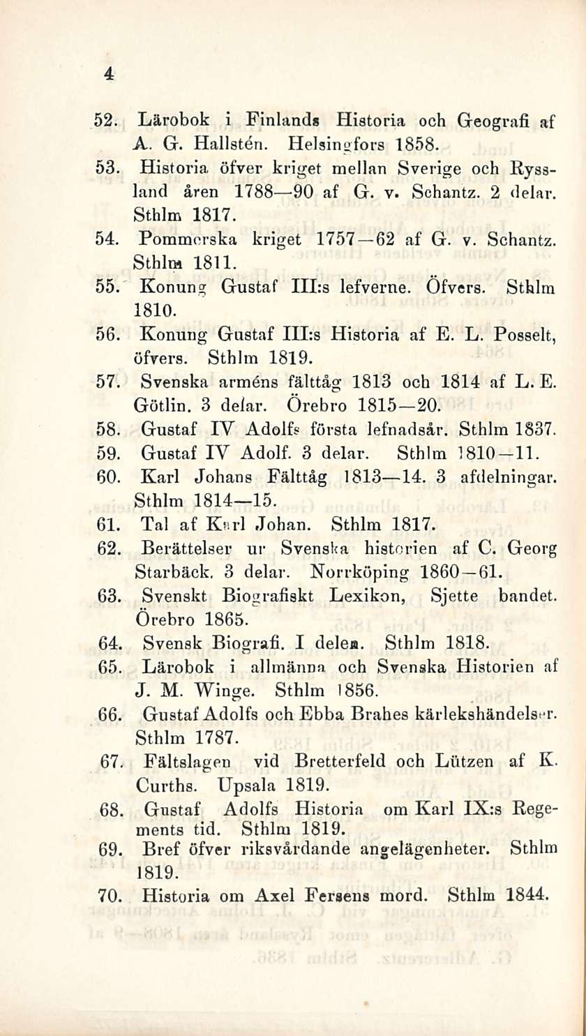 52. Lärobok i Finland» Historia ooh Geografi af A, G. Hälisten. Helsingfors 1858. 53. Historia öfver kriget mellan Sverige och Ryssland åren 1788-90 af G. v. Schantz. 2 delar. Sthlm 1817. 54.