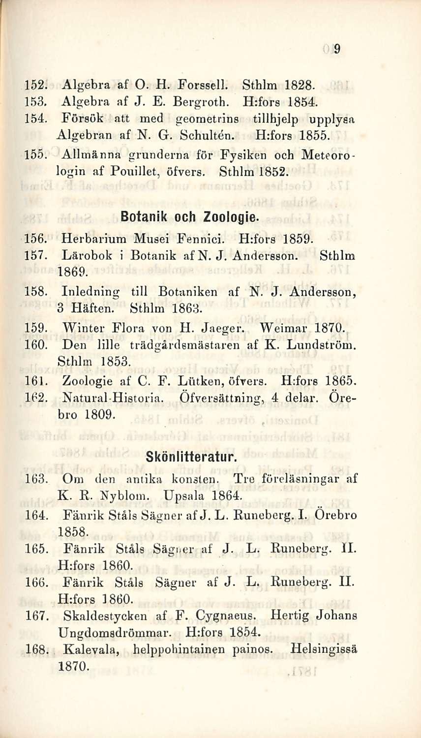 152. Algebra af O. H. Forssell. Sthlm 1828. 153, Algebra af J. E. Bergroth. H:fors 1854. 154. Försök att med geometrins tillhjelp upplysa Algebran af N. G. Schulten. H:fors 1855. 155.