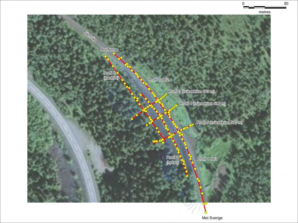 6 Figur 2. Karta (ortofoto) som visar de sex profilerna (röda linjer) och punkter inmätta med RTK-GPS (gula punkter). Höjdkonturer från våra egna RTK-GPS-mätningar visas med tunn blå linje.