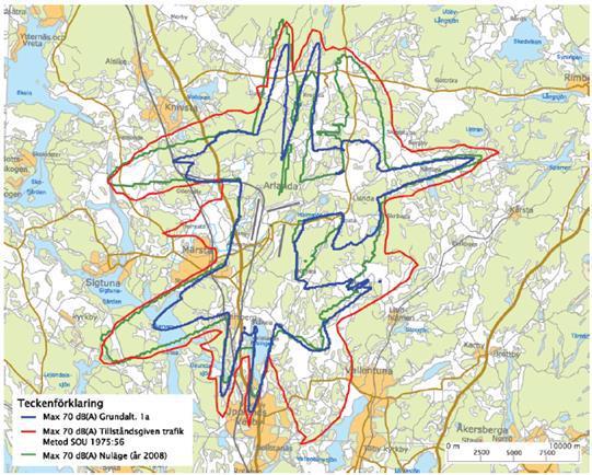 Karta över en jämförelse av de områden som berörs av maximal ljudnivå över 70 db(a) minst tre gånger per årsmedeldygn för sökt alternativ 1(a), tillståndsgiven trafikvolym och nuläget (2008).