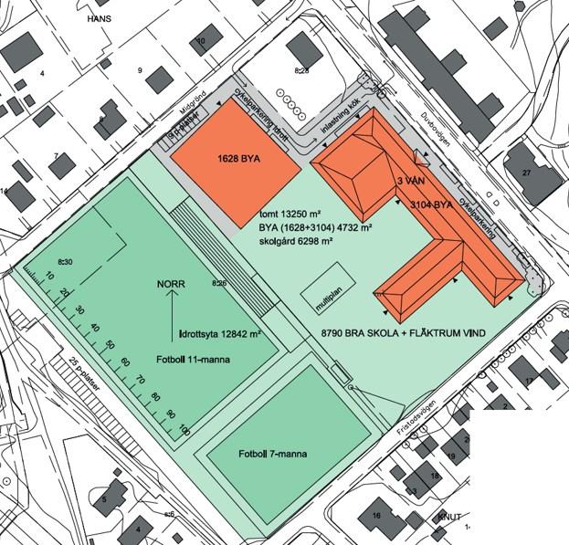 Sida 7 (12) Planen möjliggör även skolanvändning för en F-9 skola med 900 elever, en ny idrottshall och två nya konstgräsplaner, varav en 11- spels-