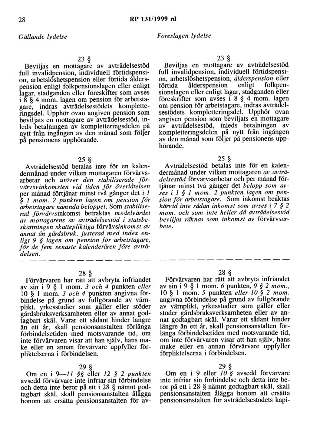 28 RP 13111999 rd Gällande lydelse Föreslagen lydelse 23 Beviljas en mottagare av avträdelsestöd full invalidpension, individuell förtidsgension, arbetslöshetspension eller förtida airlerspension