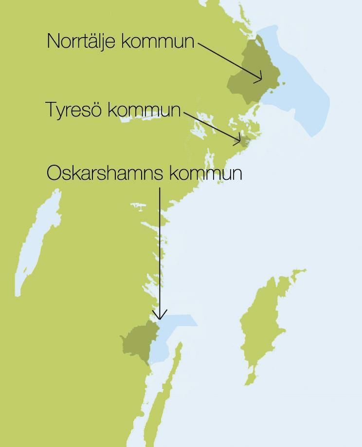 Figur 1. Karta över de tre kustkommunerna Norrtälje, Oskarshamn och Tyresö. 3.5.1 Norrtälje kommun Norrtälje kommun är belägen vid kusten nordost om Stockholm (se figur 1) och tillhör Stockholms län.