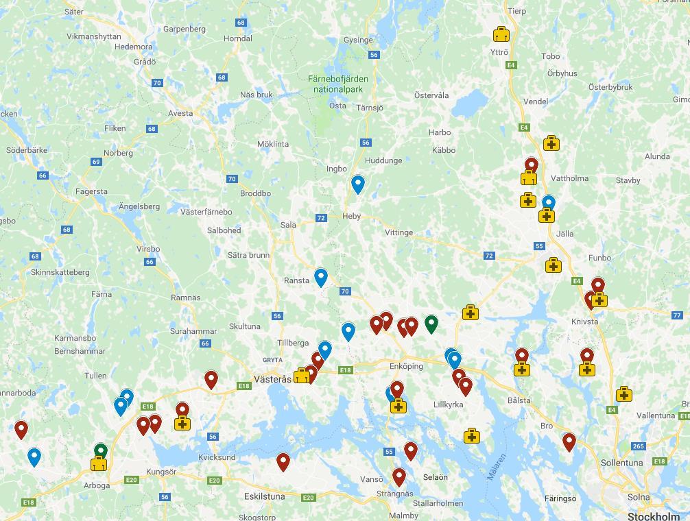 Blå: observerade WDV-symtom Röd: virus i testade plantor Grön: ej virus i testade