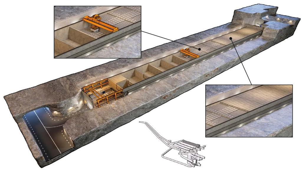 Figur 2 - Skiss över BMA - Bilden används med tillstånd från SKB Bergssalen BMA (se Figur 2 ovan) är gjord av betong. Bergssalen har stabiliserats undertill med hjälp av grus.