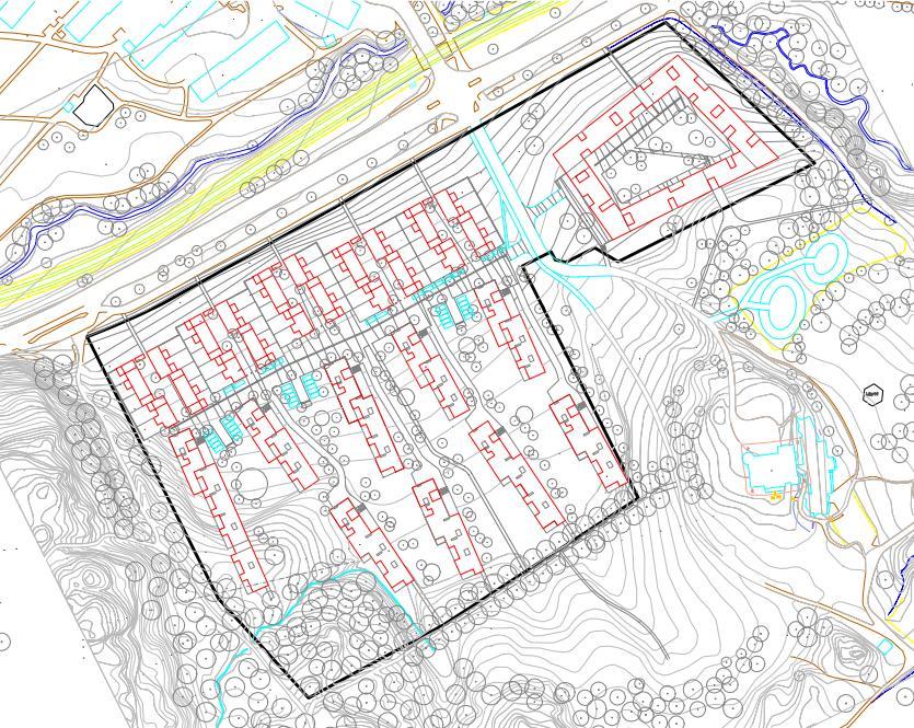 Fig 2. Planskiss som visar husens placering i denna utredning Indata Vägtrafiken som främst påverkar ljudmiljön i området kör på Delsjövägen och spårvagnslinjen norr om Delsjövägen.