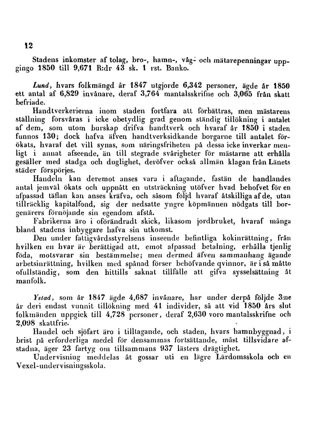 12 Stadens inkomster af tolag, bro-, hamn-, våg- och mätarepenningar uppgingo 1850 till 9,671 R:dr 43 sk. 1 rst. Banko.