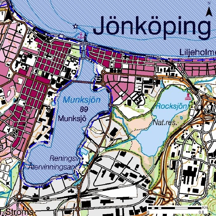 Figur 4. Skyddsområde för vattenskyddsområdet Vättern i centrala Jönköping. Vättern är även utpekat som Natura 2000-område enligt 7 kap. 28 miljöbalken. 5.1.